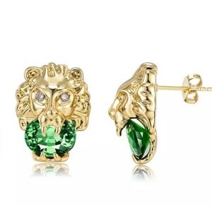 NEW Earrings Lion Head Big Cat Green 14K Gold Plated JA23